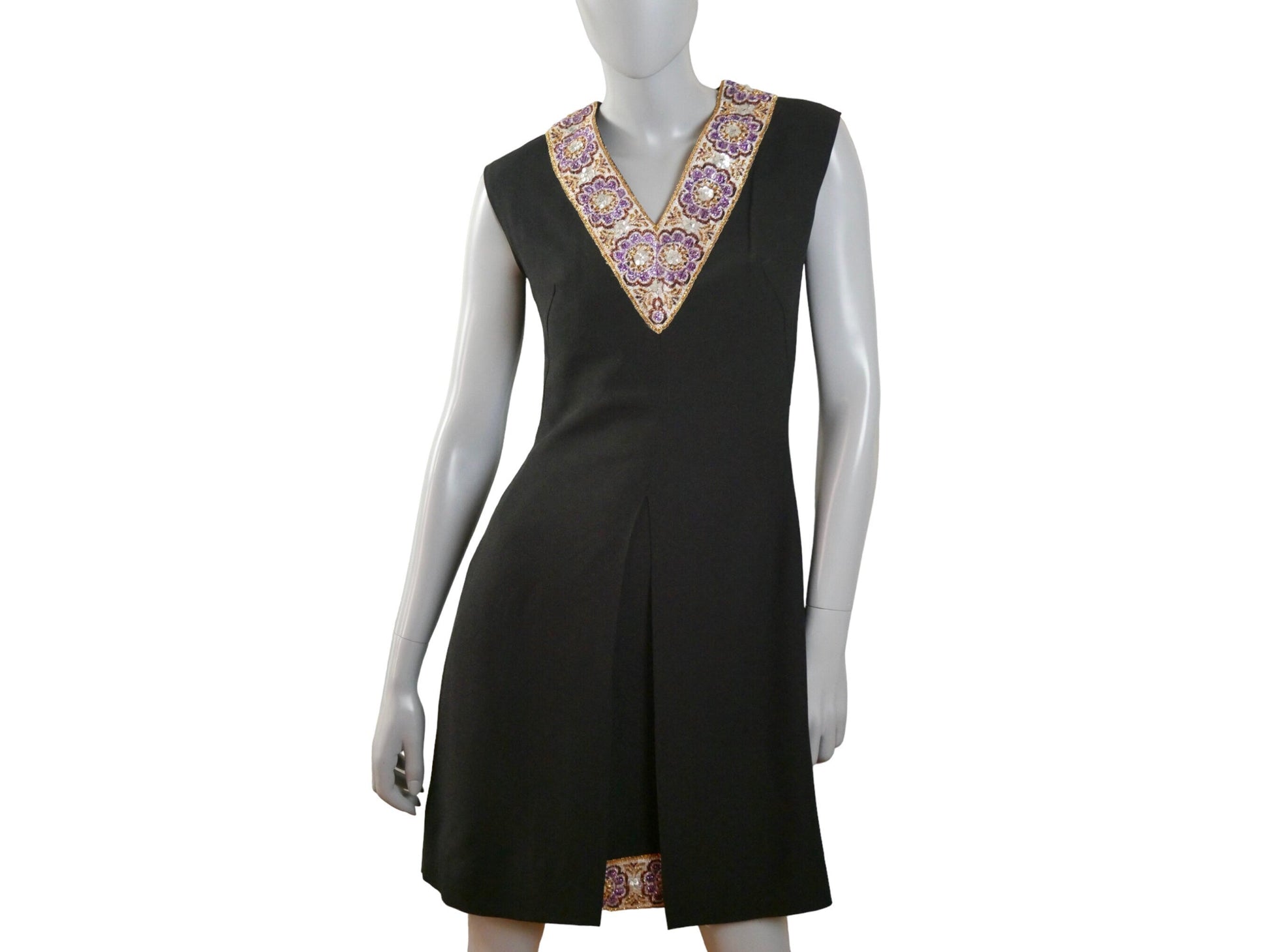 1960s Vintage Black Sleeveless Dress | V Neckline Edged in Shiny Metallic Gold and Purple Leo Gabor Vintage