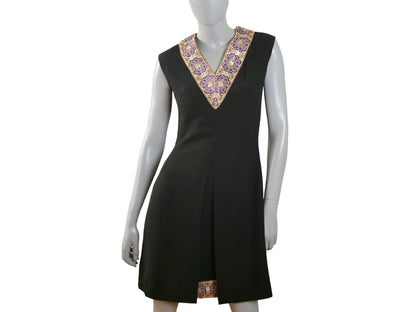 1960s Vintage Black Sleeveless Dress | V Neckline Edged in Shiny Metallic Gold and Purple Leo Gabor Vintage