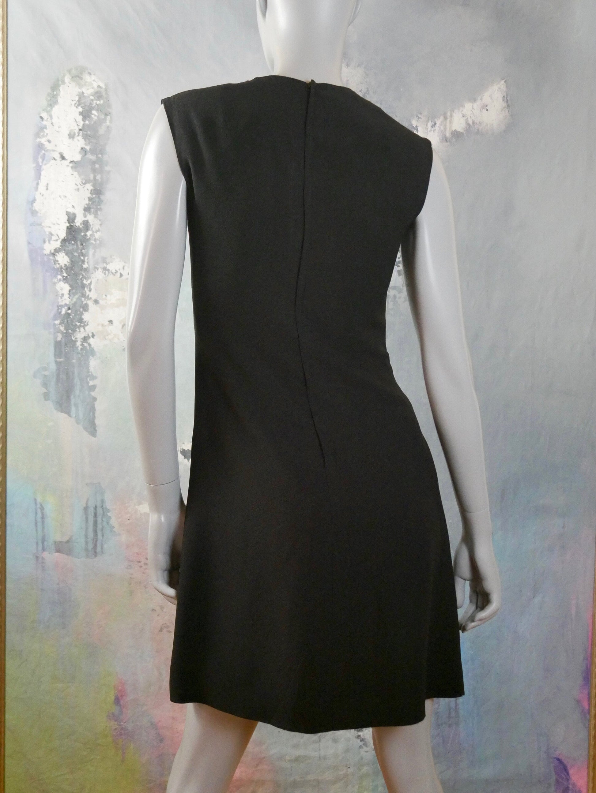 1960s Vintage Black Sleeveless Dress | V Neckline Edged in Shiny Metallic Gold and Purple Leo Gabor Vintage