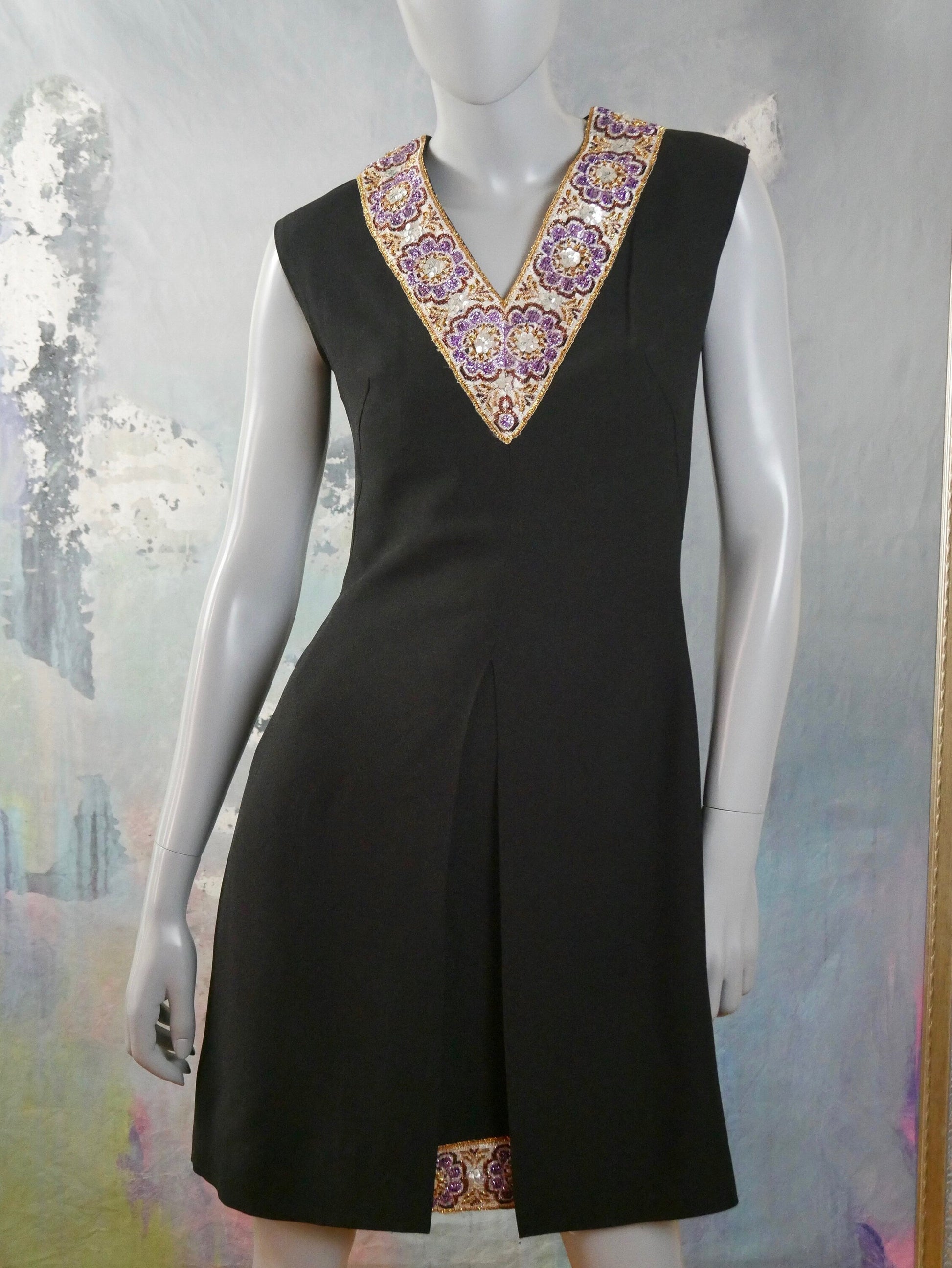 1960s Vintage Black Sleeveless Dress | V Neckline Edged in Shiny Metallic Gold and Purple Leo Gabor Vintage