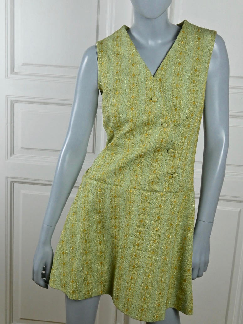 1960s Vintage European Mini Dress | Mint Green and Gold Lurex Brocade | Mad Men Style Leo Gabor Vintage