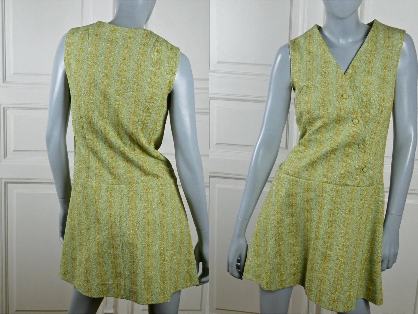 1960s Vintage European Mini Dress | Mint Green and Gold Lurex Brocade | Mad Men Style Leo Gabor Vintage
