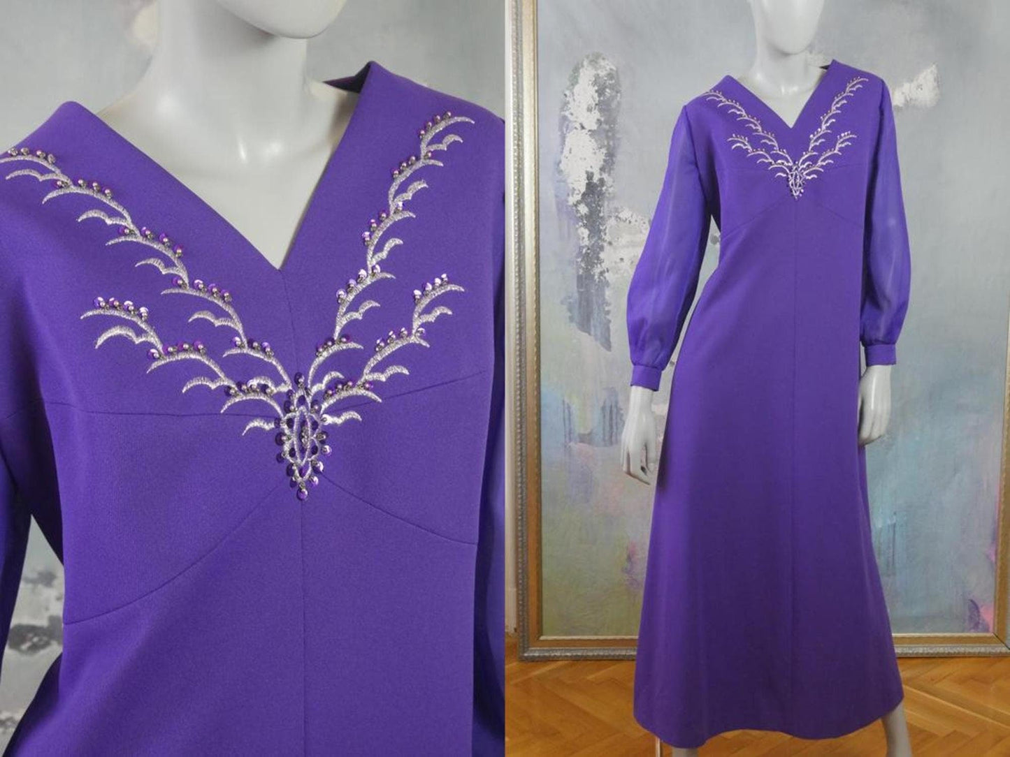 1960s Vintage Formal Dress, Purple with Sequins and Silver Threading Embroidered V Neckline Leo Gabor Vintage