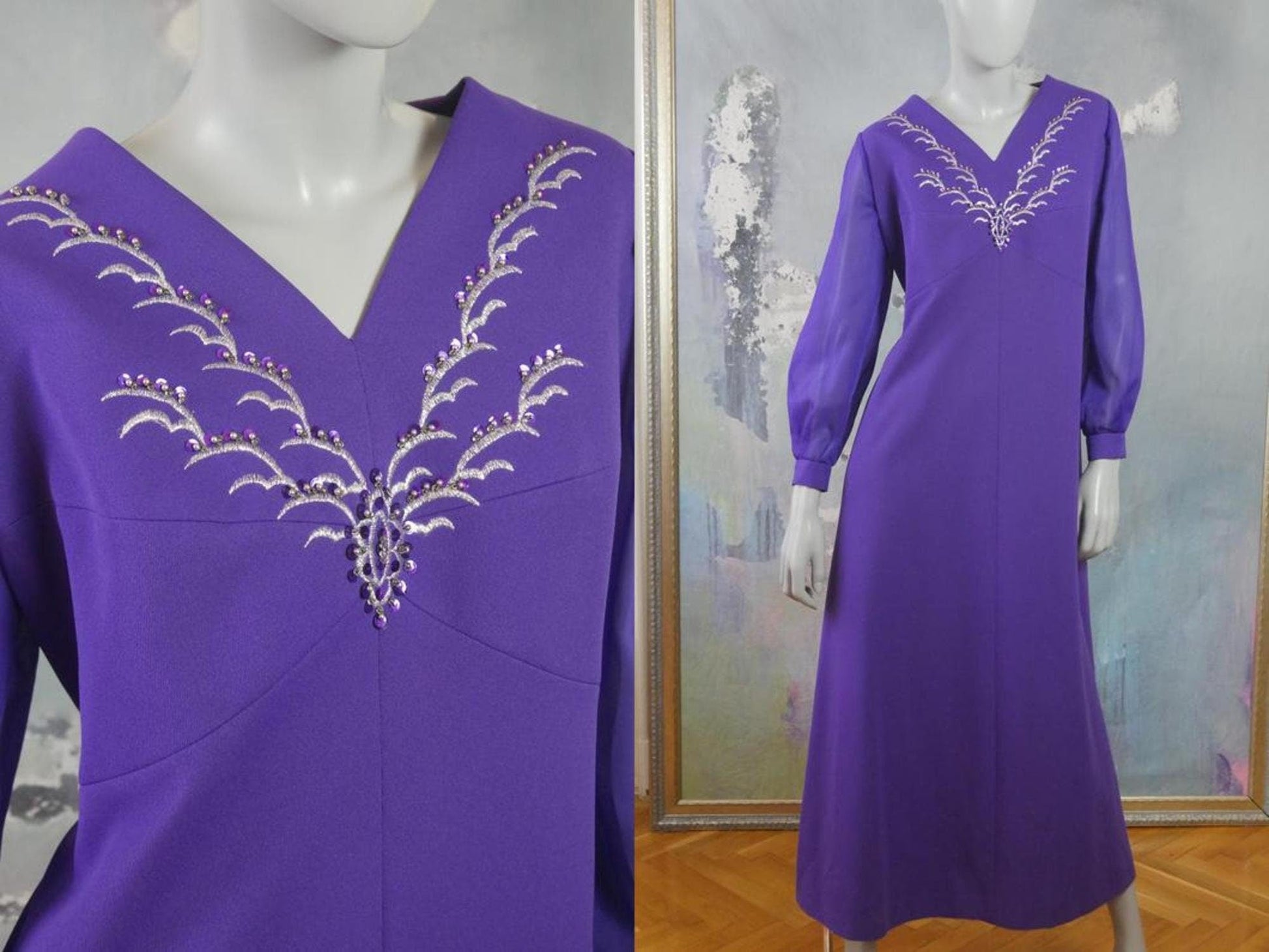 1960s Vintage Formal Dress, Purple with Sequins and Silver Threading Embroidered V Neckline Leo Gabor Vintage
