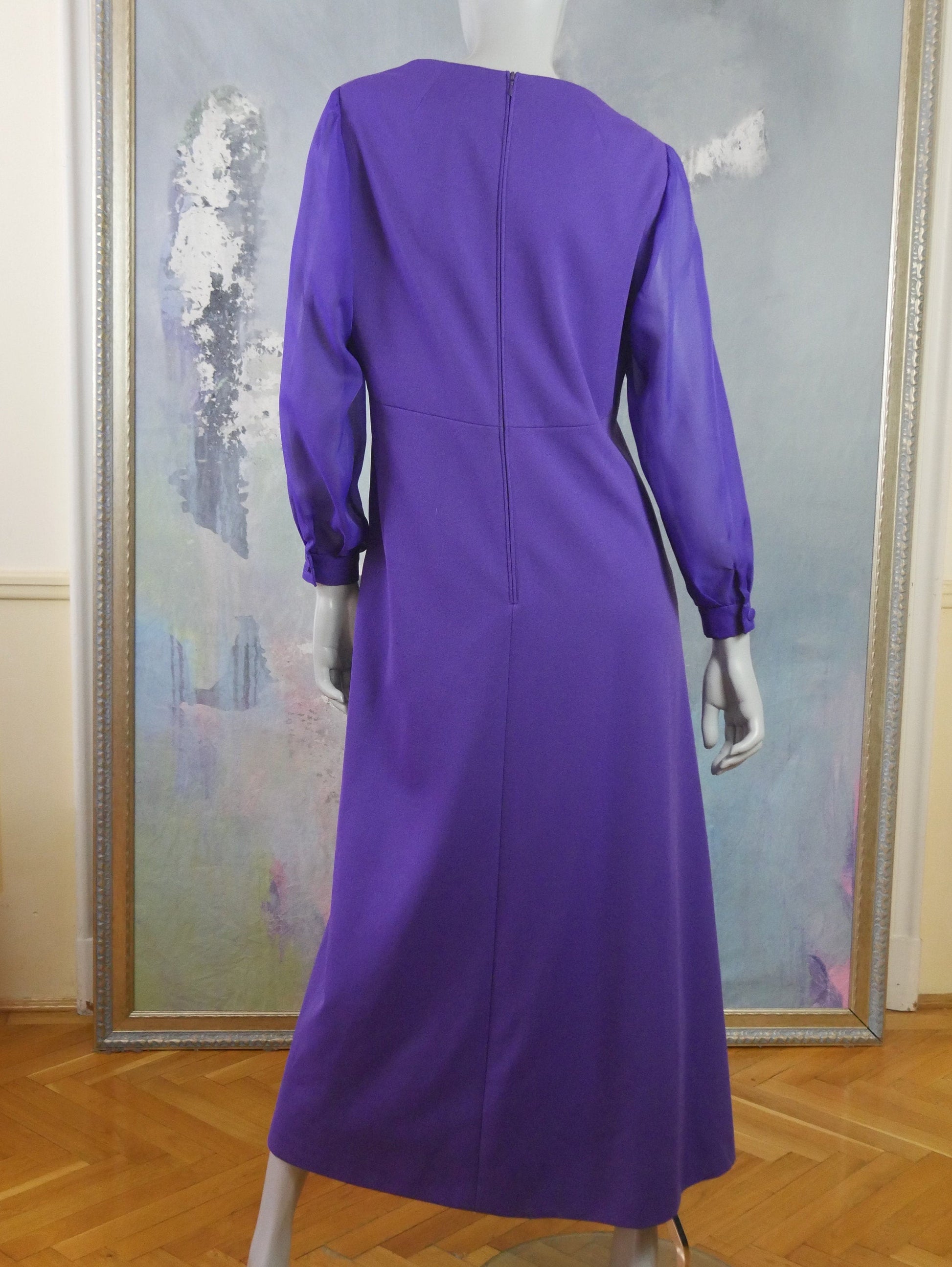 1960s Vintage Formal Dress, Purple with Sequins and Silver Threading Embroidered V Neckline Leo Gabor Vintage