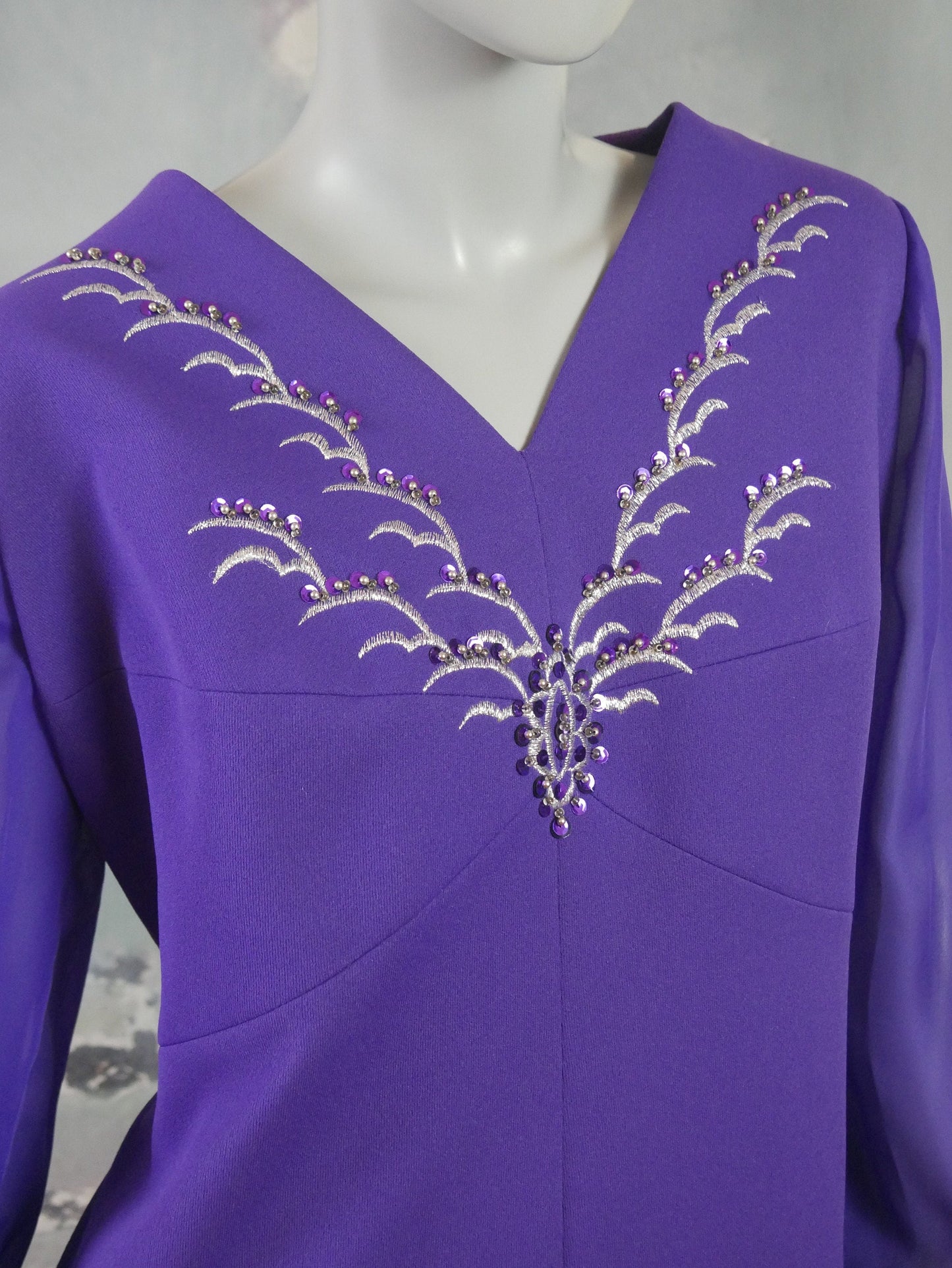 1960s Vintage Formal Dress, Purple with Sequins and Silver Threading Embroidered V Neckline Leo Gabor Vintage