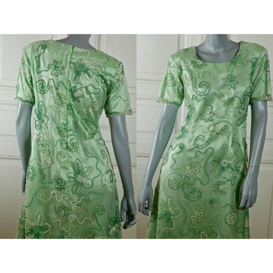 1960s Vintage Green Satin Dress | Mint Organza and Sequins Leo Gabor Vintage