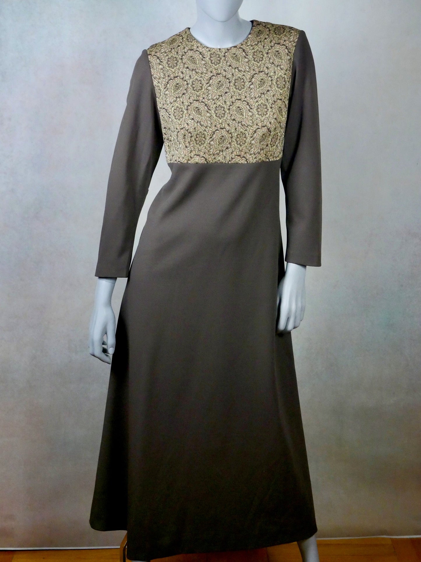 1960s Vintage Long Dress, Brown Maxi with Metallic Gold Brocade Leo Gabor Vintage
