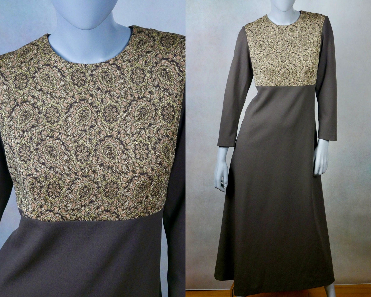 1960s Vintage Long Dress, Brown Maxi with Metallic Gold Brocade Leo Gabor Vintage