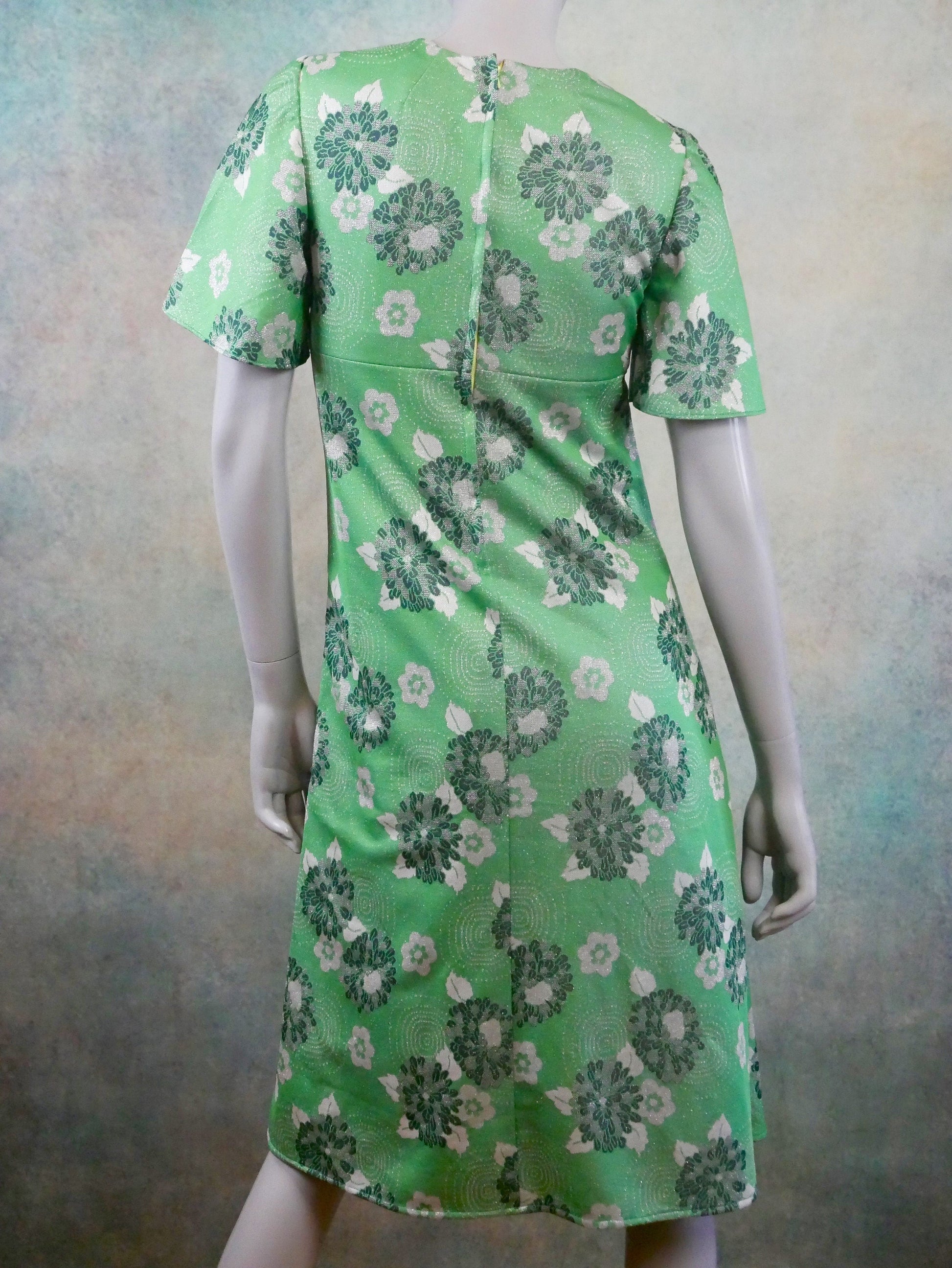 1960s Vintage Mod Green Dress with Silver Metallic Thread Floral Pattern Leo Gabor Vintage