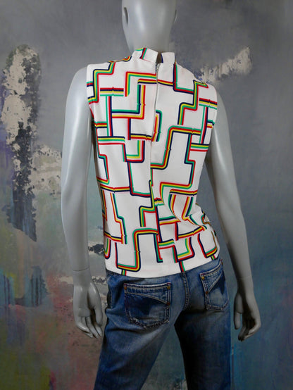 1960s Vintage Sleeveless White Summer Blouse with Colorful Cubist Pattern Leo Gabor Vintage