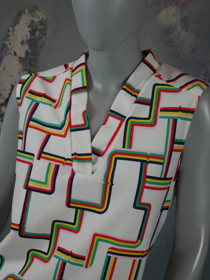 1960s Vintage Sleeveless White Summer Blouse with Colorful Cubist Pattern Leo Gabor Vintage
