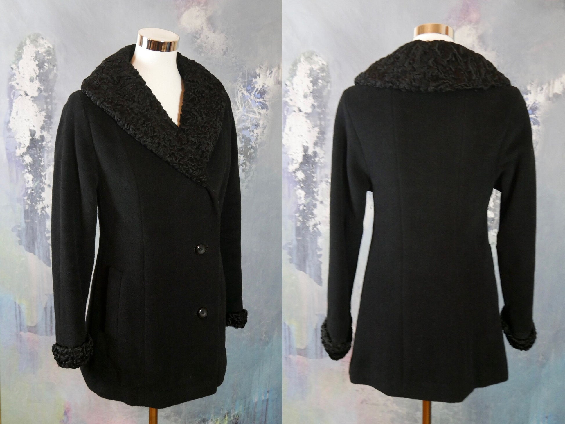 1960s Vintage Winter Jacket | Black Wool with Karakul Lamb Fur Collar Leo Gabor Vintage