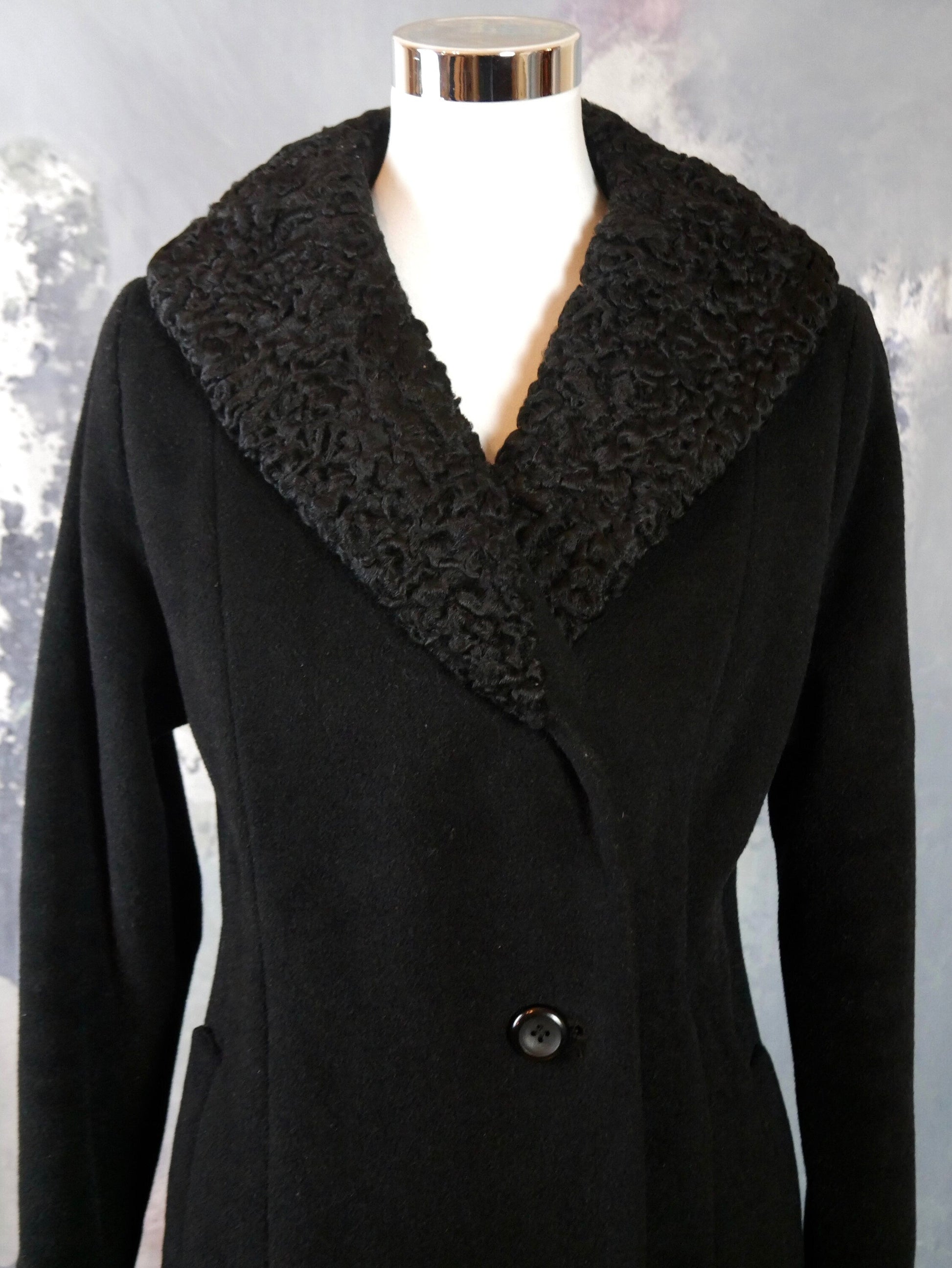 1960s Vintage Winter Jacket | Black Wool with Karakul Lamb Fur Collar Leo Gabor Vintage