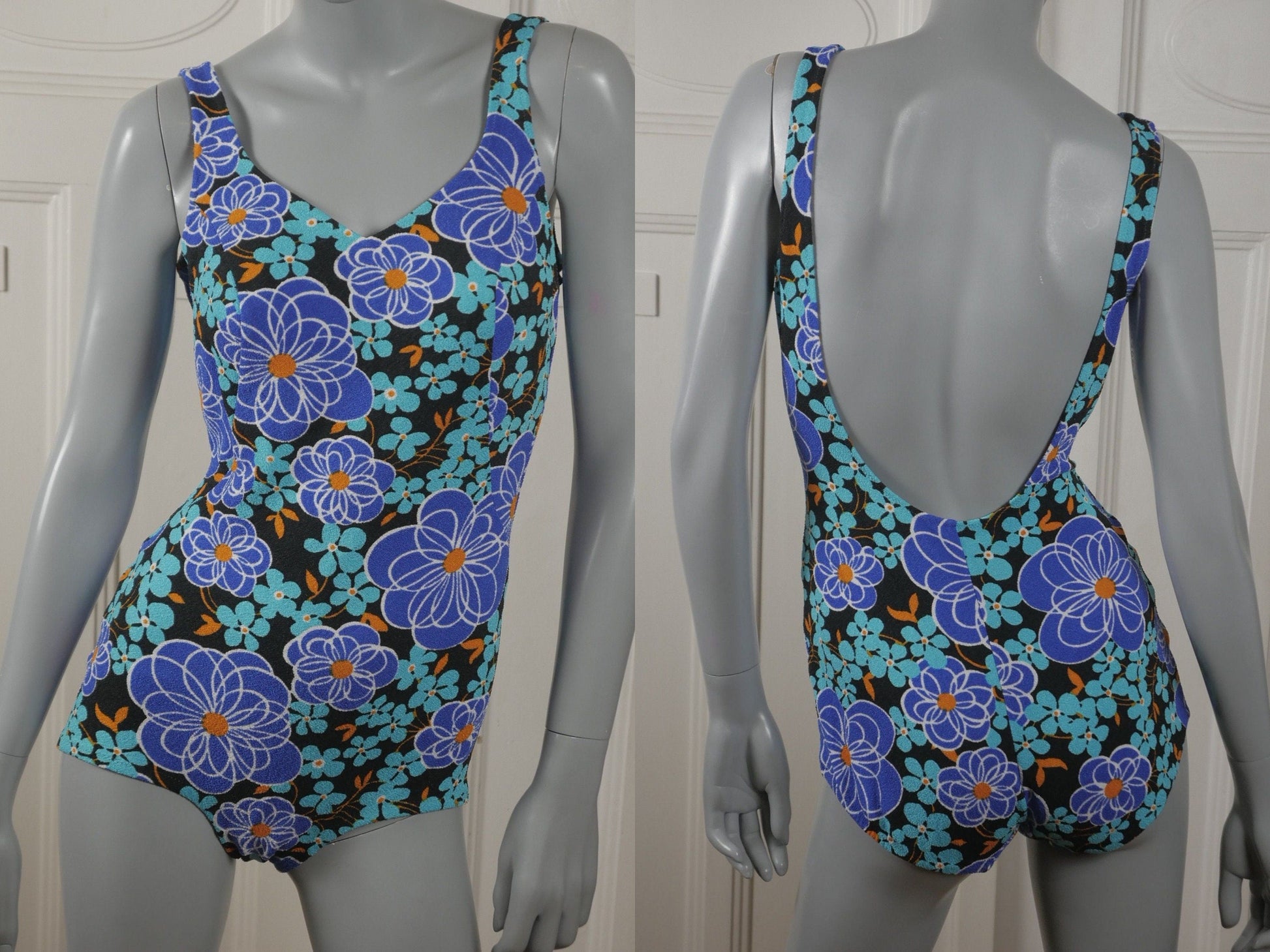 1960s Vintage Women's Swimsuit | Turquoise & Black Floral One-Piece Bathing Suit | Large Leo Gabor Vintage