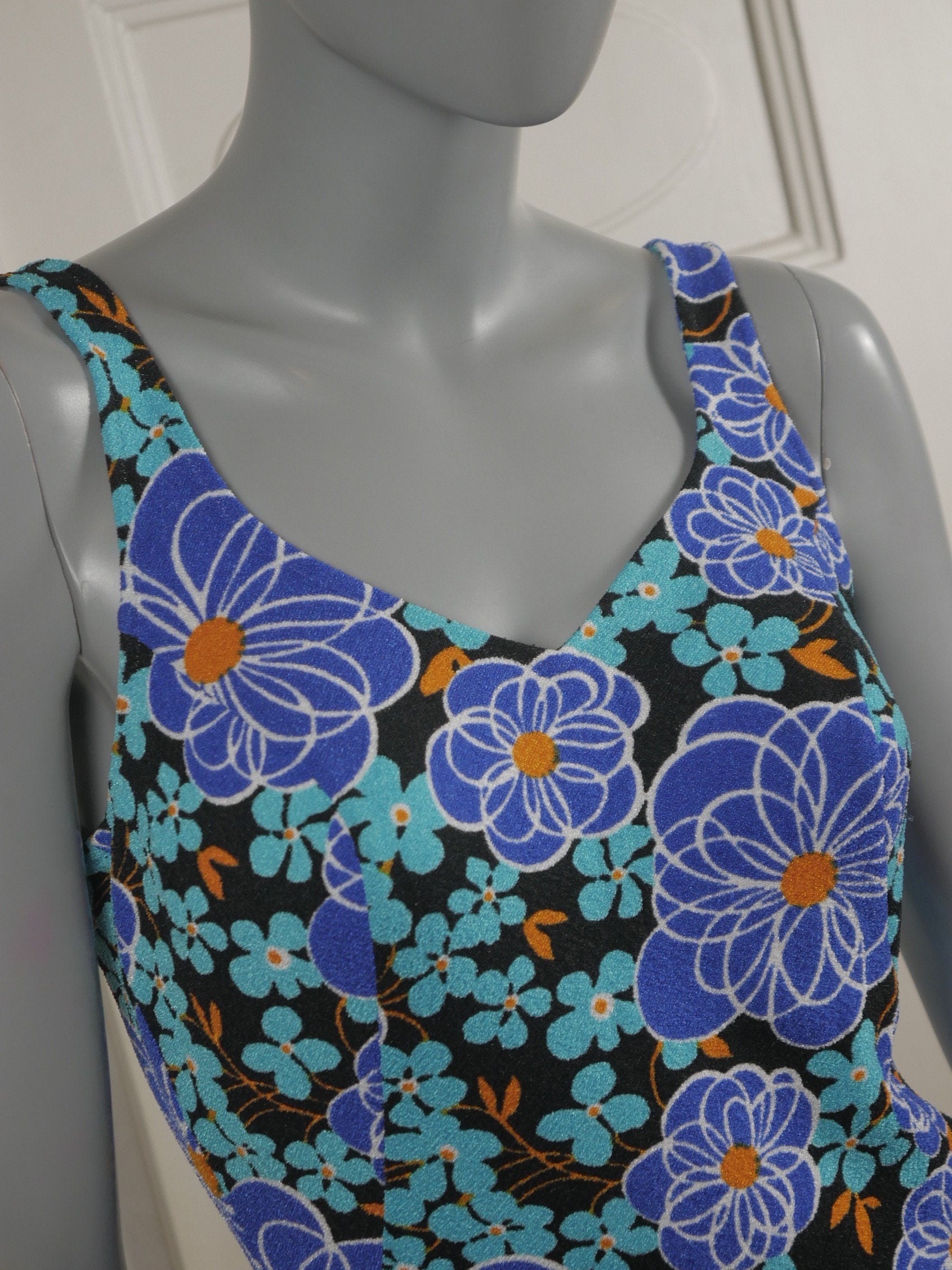 1960s Vintage Women's Swimsuit | Turquoise & Black Floral One-Piece Bathing Suit | Large Leo Gabor Vintage