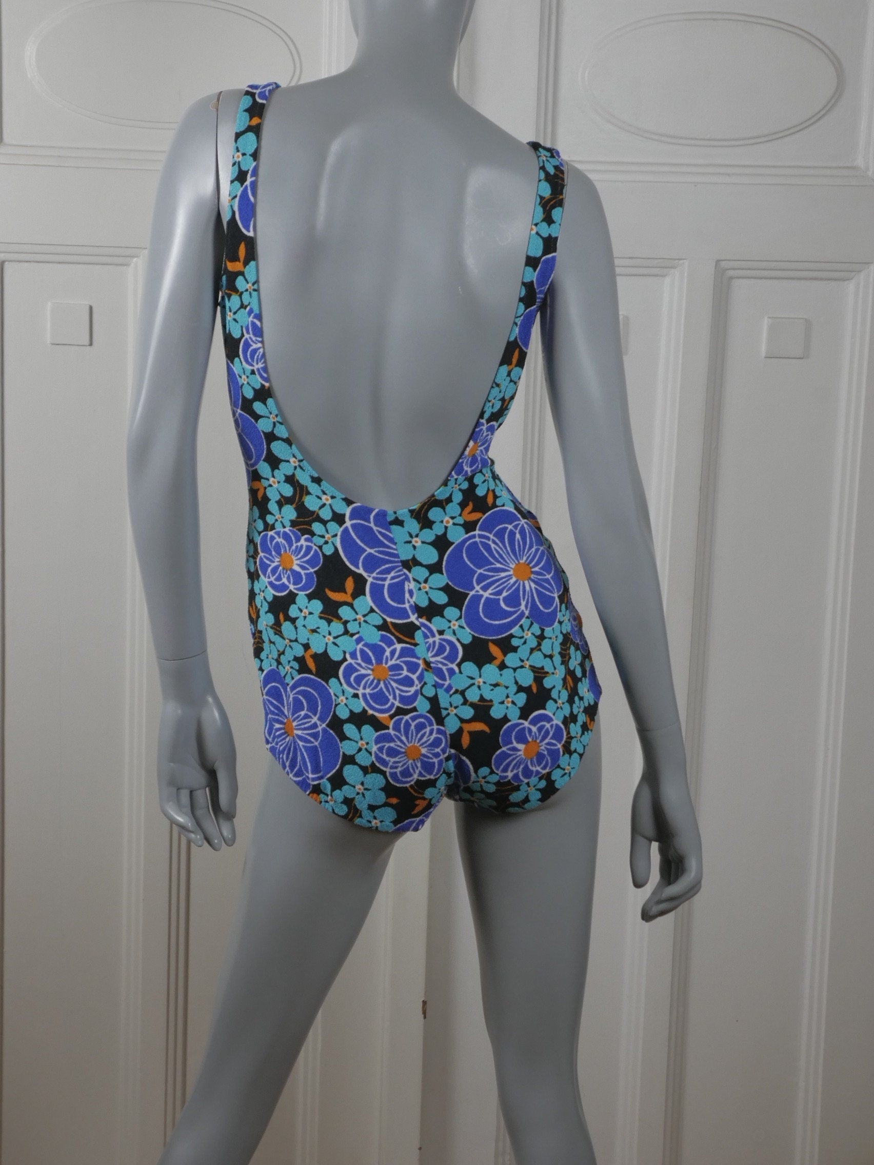 1960s Vintage Women's Swimsuit | Turquoise & Black Floral One-Piece Bathing Suit | Large Leo Gabor Vintage