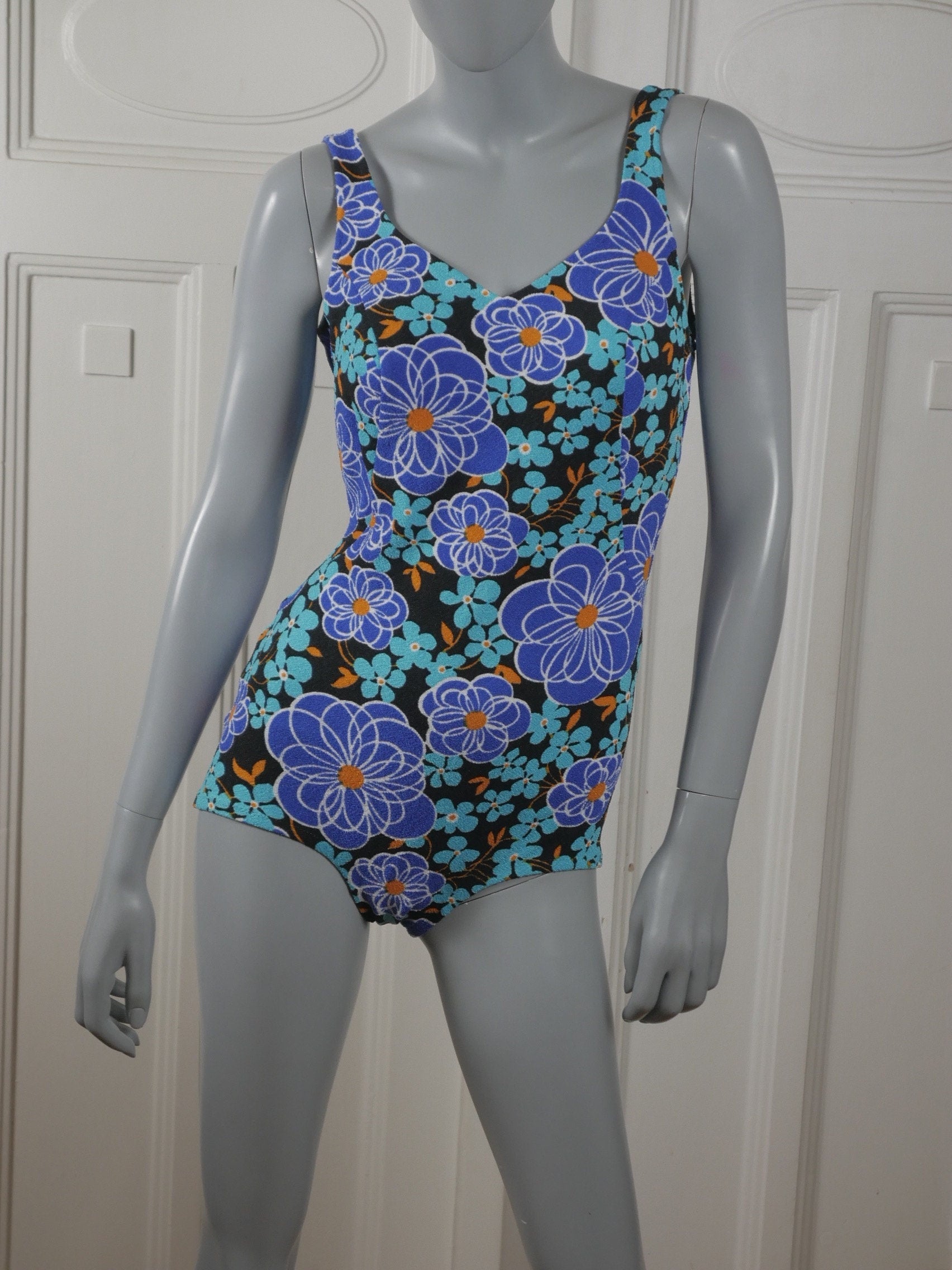 1960s Vintage Women's Swimsuit | Turquoise & Black Floral One-Piece Bathing Suit | Large Leo Gabor Vintage