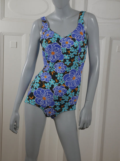 1960s Vintage Women's Swimsuit | Turquoise & Black Floral One-Piece Bathing Suit | Large Leo Gabor Vintage