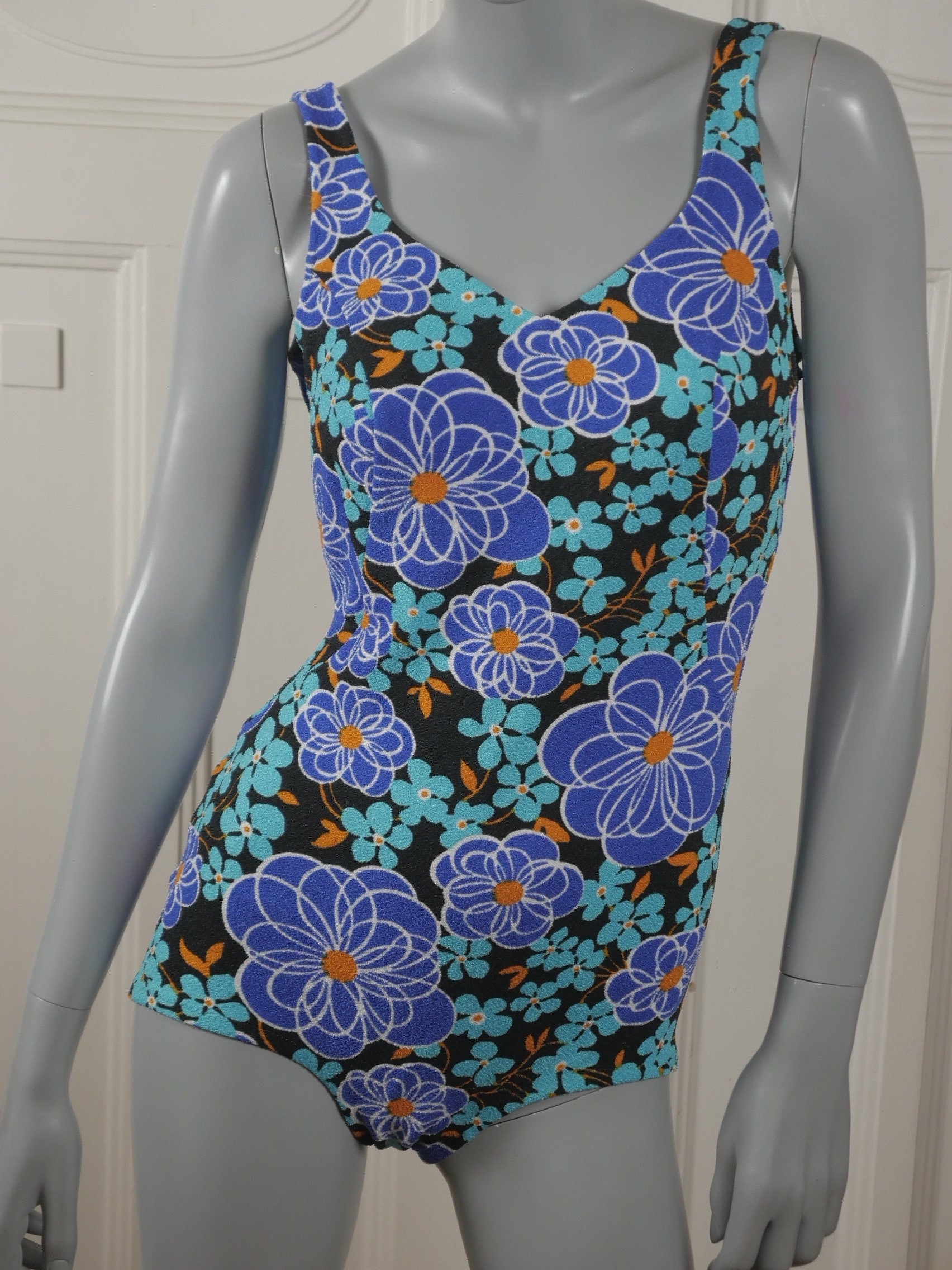 1960s Vintage Women's Swimsuit | Turquoise & Black Floral One-Piece Bathing Suit | Large Leo Gabor Vintage