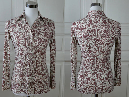 1970s Abstract Blouse | Norwegian Vintage White & Brown Wide-Collar Top | Small Leo Gabor Vintage