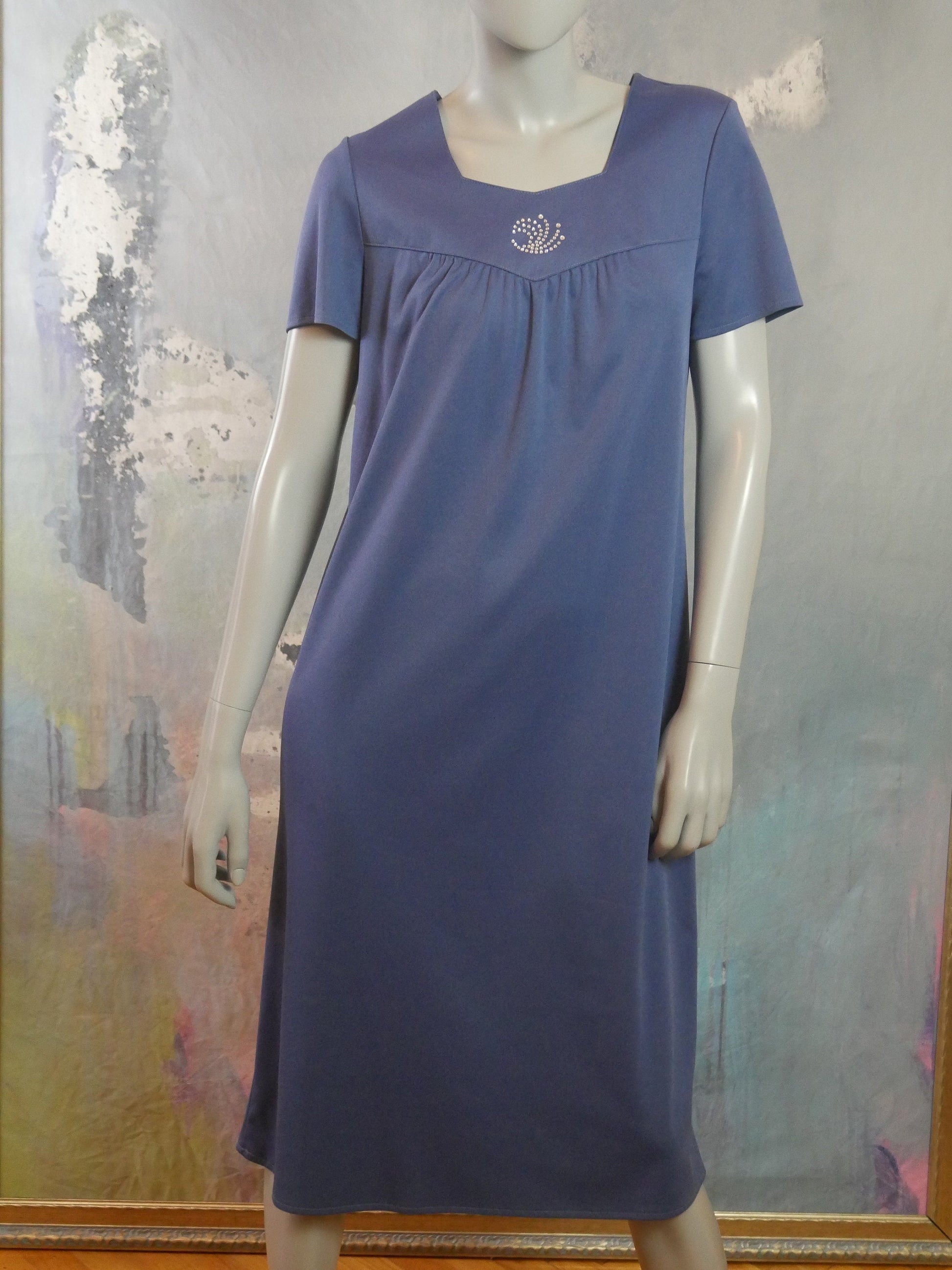 1970s Baby Doll Dress | European Vintage Short-Sleeve Slate Blue Summer Style Leo Gabor Vintage