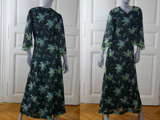 1970s Bohemian Maxi, Long Black Dress w Turquoise & Green Floral Pattern Leo Gabor Vintage