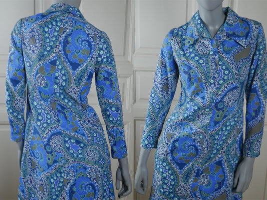 1970s Floral Dress | Vintage Turquoise Blue and White with Psychedelic Abstract Flowers Pattern Leo Gabor Vintage
