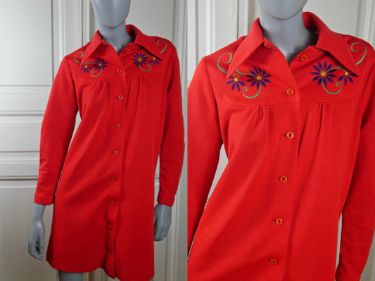 1970s German Vintage Red Shirt Dress Leo Gabor Vintage