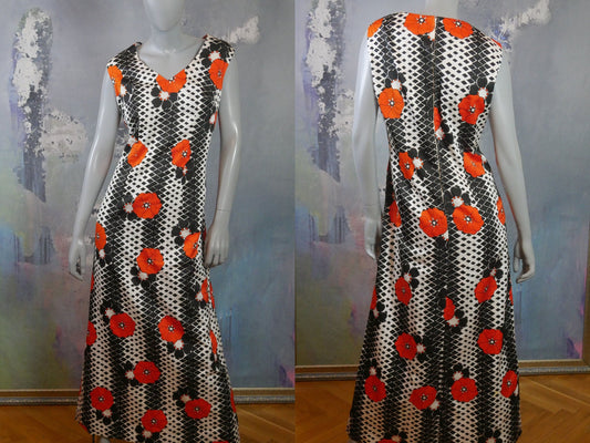 1970s Mod Sleeveless Long Dress|  Black White Orange Max Leo Gabor Vintage