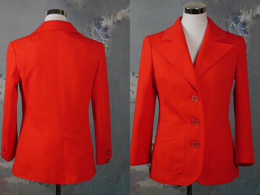 1970s Orange Blazer | Women's Textured Polyester Single-Breasted Jacket with Super Wide Collar | Medium Leo Gabor Vintage