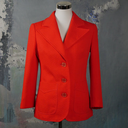 1970s Orange Blazer | Women's Textured Polyester Single-Breasted Jacket with Super Wide Collar | Medium Leo Gabor Vintage