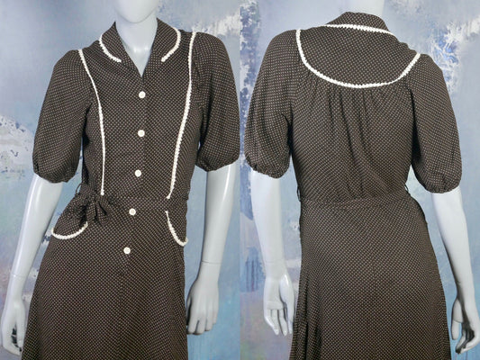 1970s Prairie Dress | Brown & Beige Polka Dot Swedish Vintage Short-Sleeve Leo Gabor Vintage