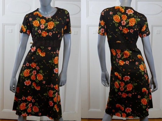 1970s Short Sleeve Dress | European Vintage Black Mod Summer Style with Orange Floral Pattern and Crochet Waistband Leo Gabor Vintage