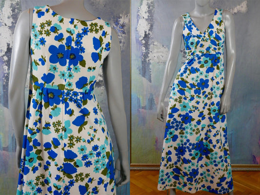 1970s Sleeveless Summer Maxi | Blue & White Floral British Vintage Long Dress Leo Gabor Vintage