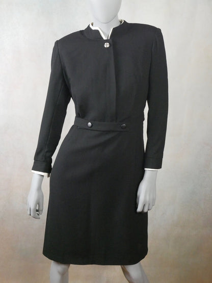 1970s Vintage Black Wool Dress with Detachable White Collar and Cuffs Leo Gabor Vintage