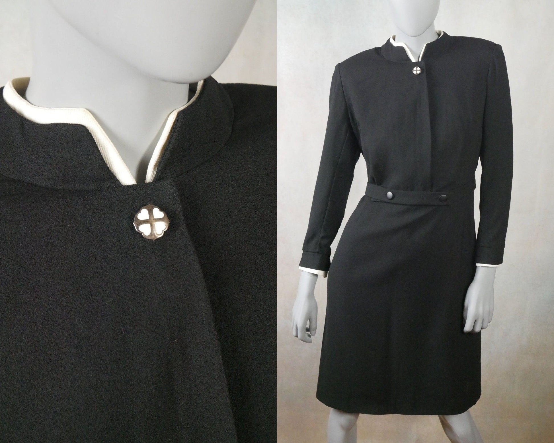1970s Vintage Black Wool Dress with Detachable White Collar and Cuffs Leo Gabor Vintage