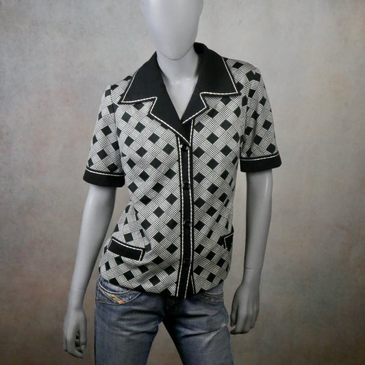 1970s Vintage Black and White Top | European Summer Blouse | Large Leo Gabor Vintage