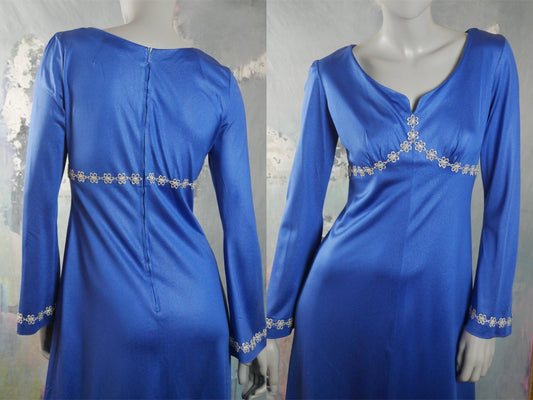 1970s Vintage Blue Satin Dress with Silver Floral Metallic Trim | Elizabethan Style Maxi Leo Gabor Vintage