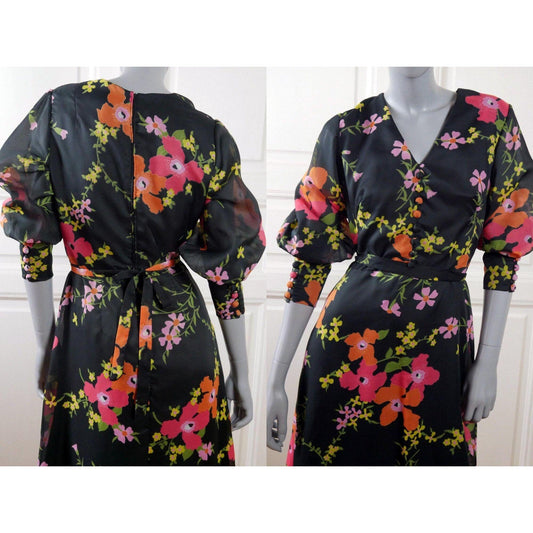 1970s Vintage Long Black Maxi Dress with Orange Yellow & Pink Floral Pattern Leo Gabor Vintage