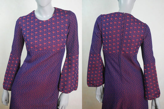 1970s Vintage Mod Dress | Navy Blue and Rouge Red Midi with Long Flared Sleeves Leo Gabor Vintage