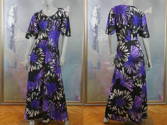 1970s Vintage Purple Maxi | Abstract Floral Long Dress with Short Flutter Sleeves Leo Gabor Vintage
