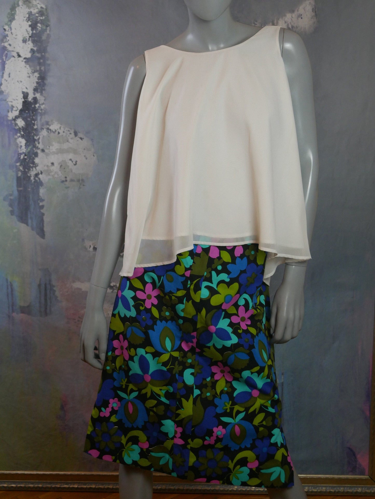1970s Vintage Skirt | Floral Turquoise & Pink on Black Cotton Leo Gabor Vintage