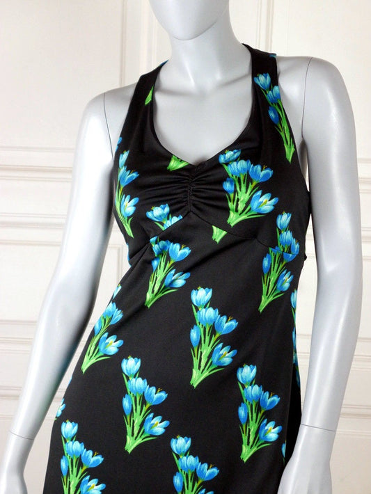 1970s Vintage Sleeveless Maxi Dress | Black Turquoise Green Floral Summer Style Leo Gabor Vintage