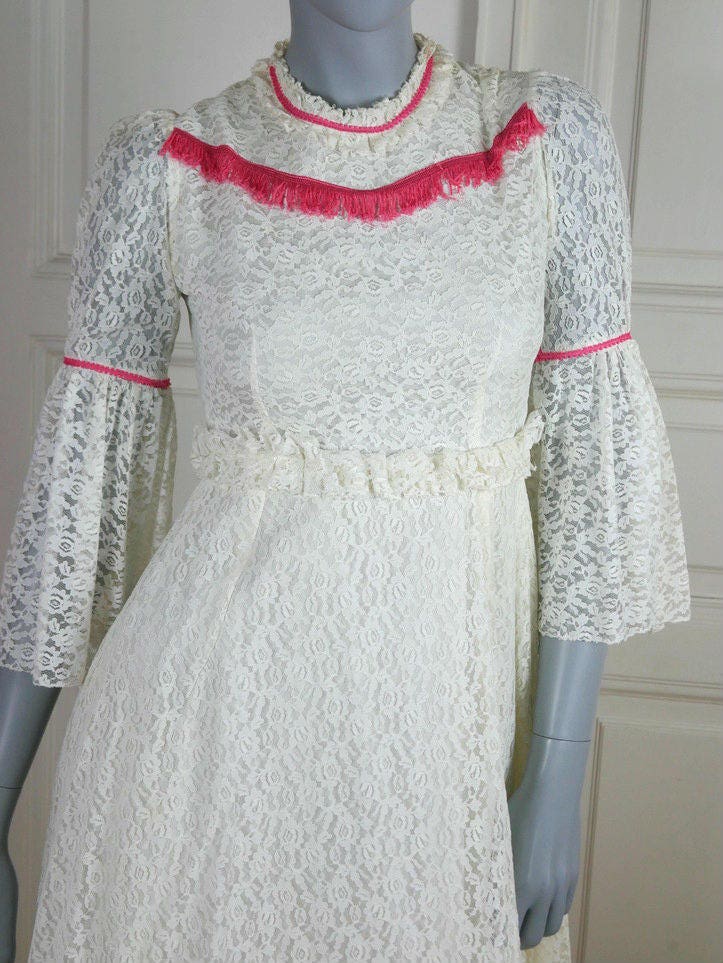 1970s Vintage Wedding Dress | White Lace with Pink Fringe Bohemian Gown Leo Gabor Vintage