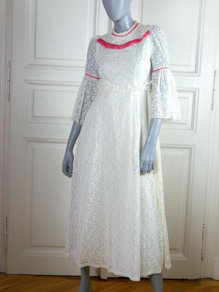 1970s Vintage Wedding Dress | White Lace with Pink Fringe Bohemian Gown Leo Gabor Vintage