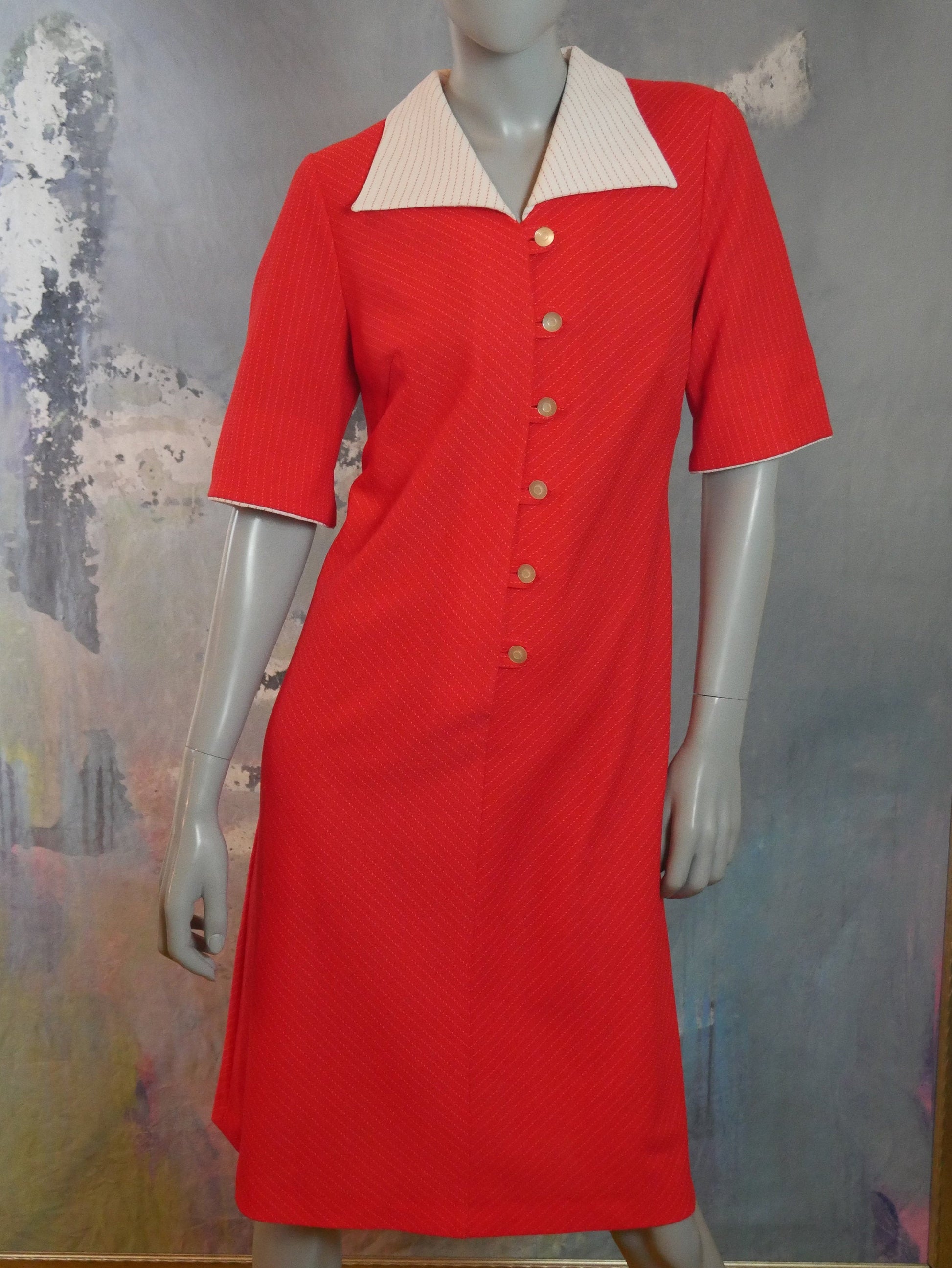 1970s Wide Collar Red Dress Leo Gabor Vintage
