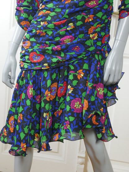 1980s British Vintage Floral Dress with Ruffle Asymmetrical Hemline Leo Gabor Vintage