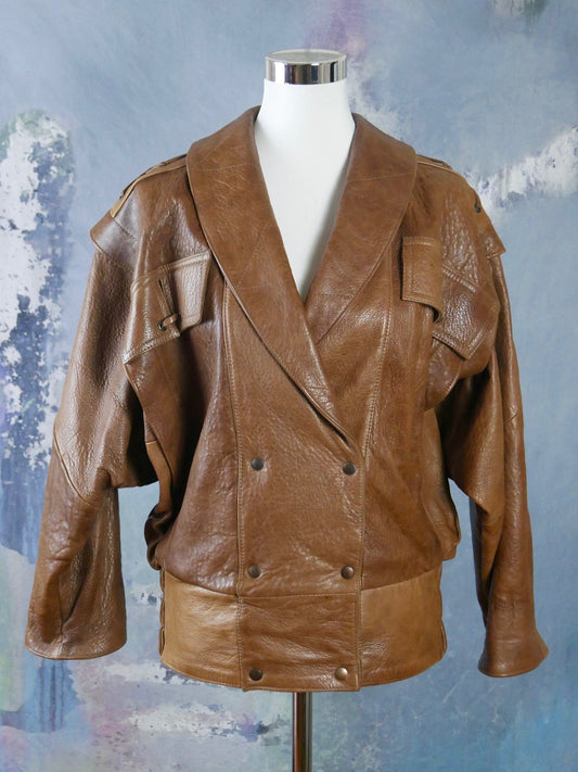 1980s Brown Vintage Faux Leather Jacket | European Vegan Double-Breasted Bomber Style |. Large Leo Gabor Vintage