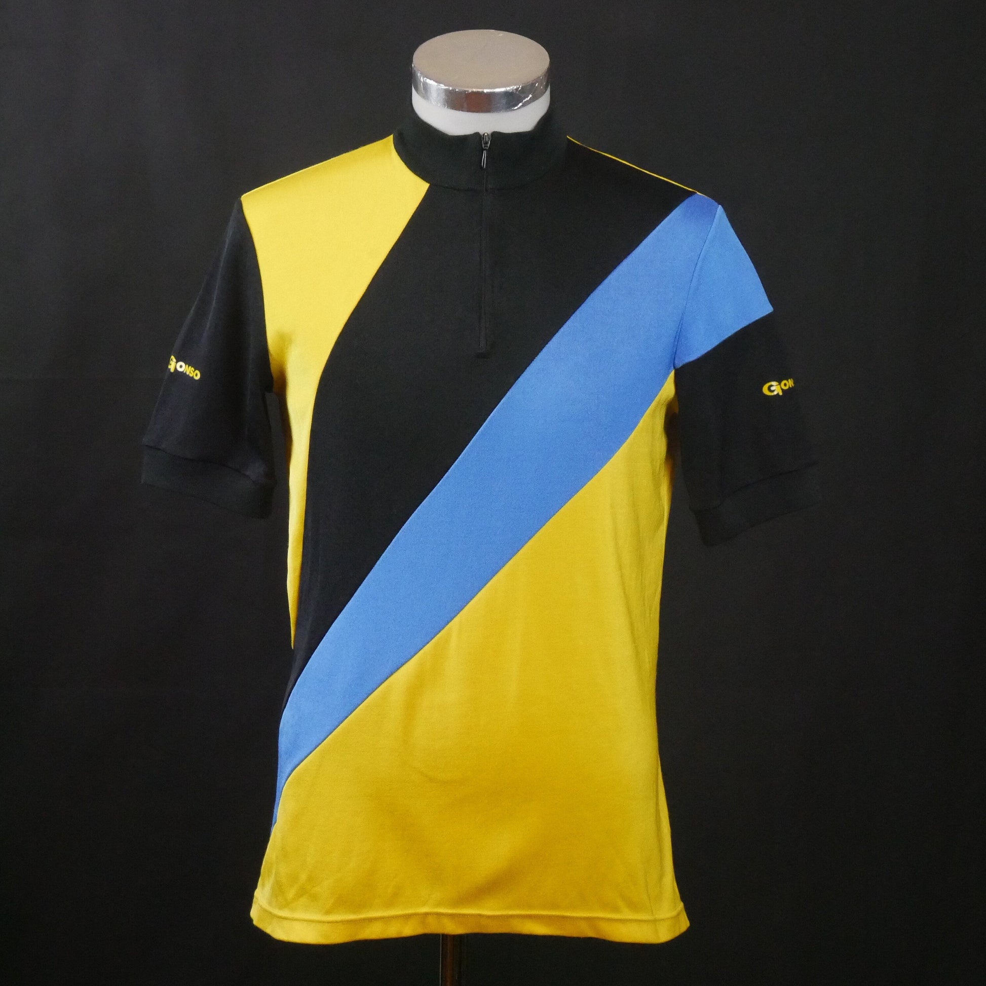 1980s Cycling Shirt | German Vinage Yellow Blue and Black Sportswear Jersey | Medium Leo Gabor Vintage